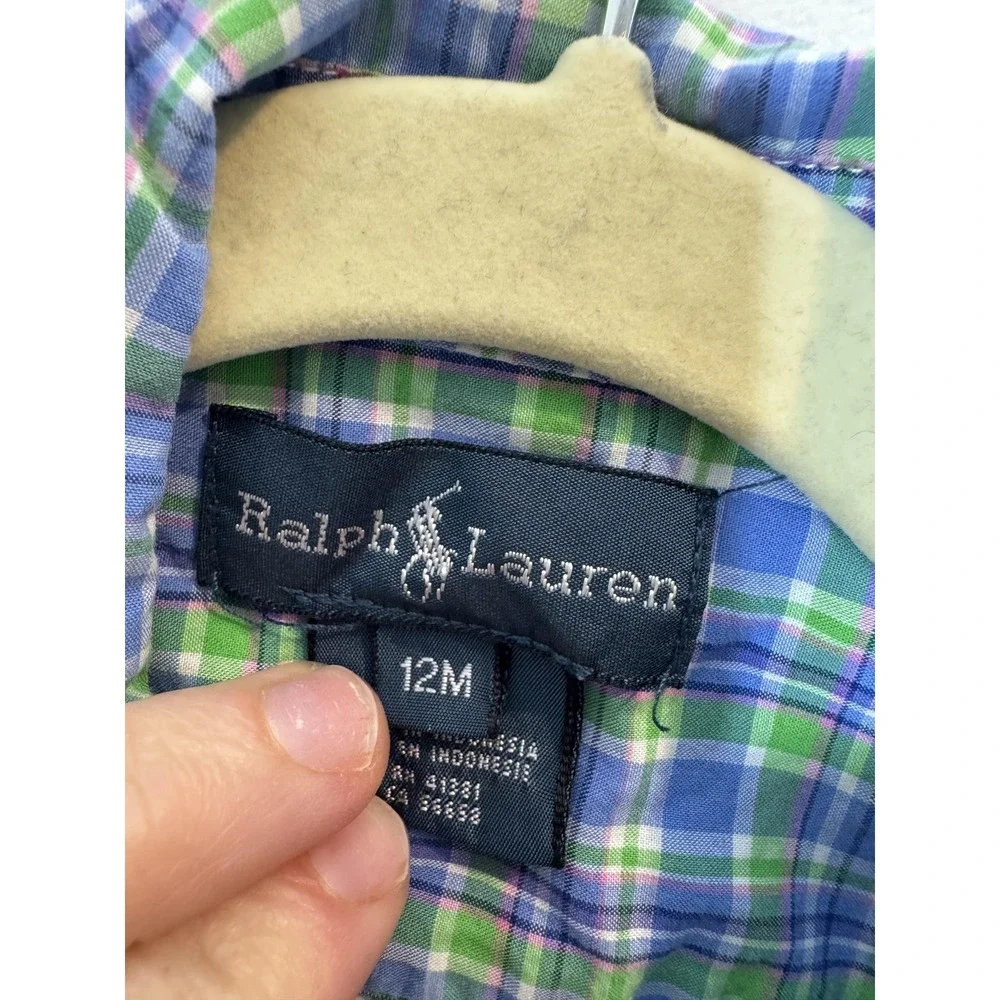 Ralph Lauren Shirt Boys 9-12 Months Blue Green Plaid Button Up Long Sleeve‎ Top